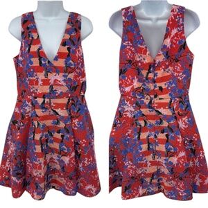 Saloni Red and Blue Floral Jacquard Fit and Flare Dress Size US 8